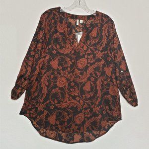 NWT C EST. 1946 Black/Brown sheer 3/4 sleeve top
